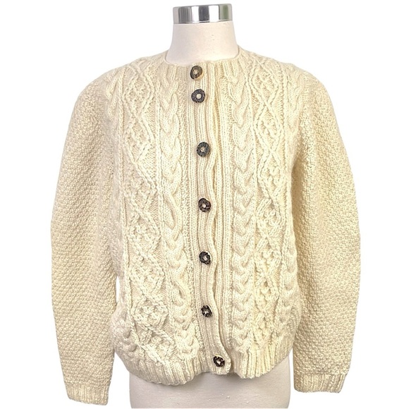 Vintage Hand Knit Cream Wool Fisherman’s Cardigan Sweater W/Hand Carved Buttons - Picture 1 of 12
